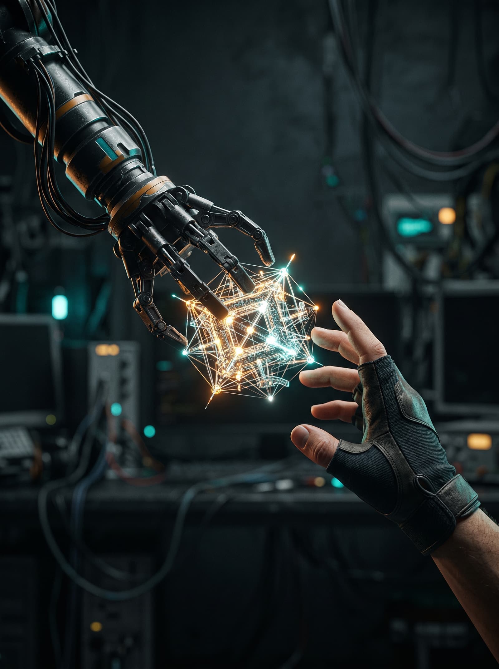 A robotic arm and a human hand reaching toward a structural model
