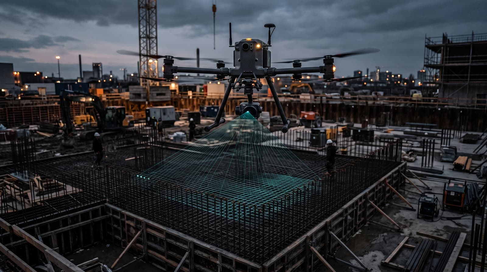 A survey drone scanning a construction site