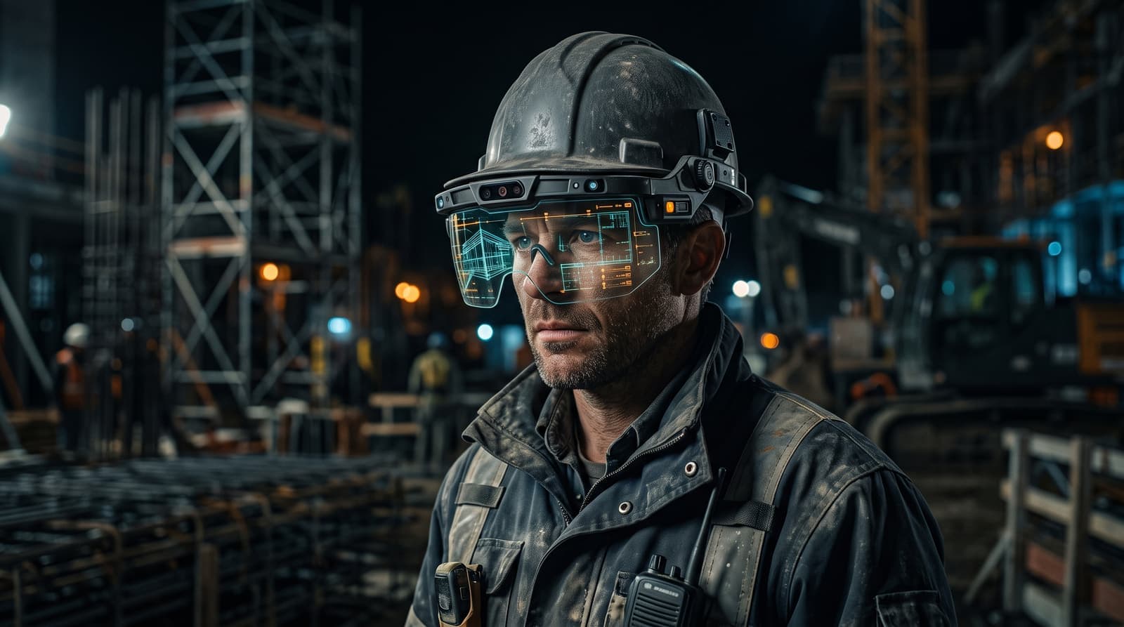 A construction worker wearing an AR helmet visor