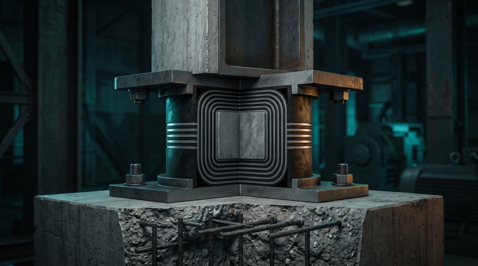 Cutaway of a lead-rubber seismic isolator bearing