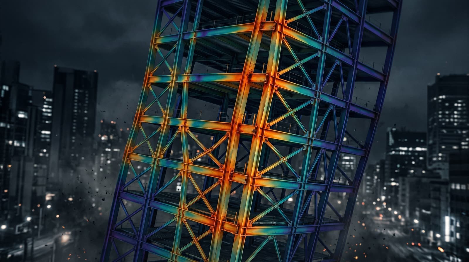 Stress simulation colours mapped onto a swaying building frame