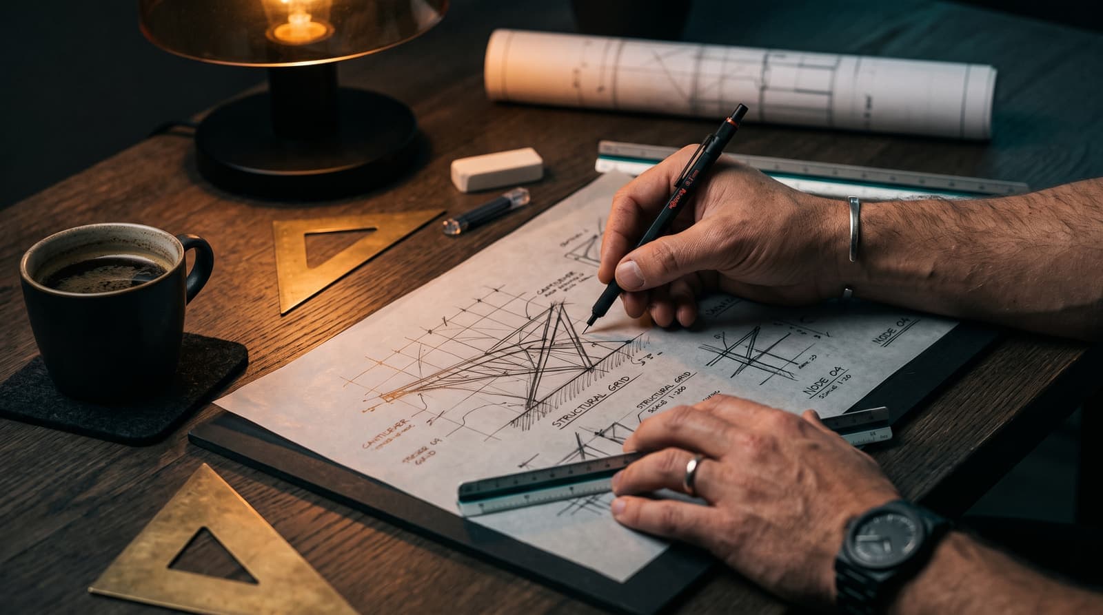 Hands sketching a structural concept on trace paper