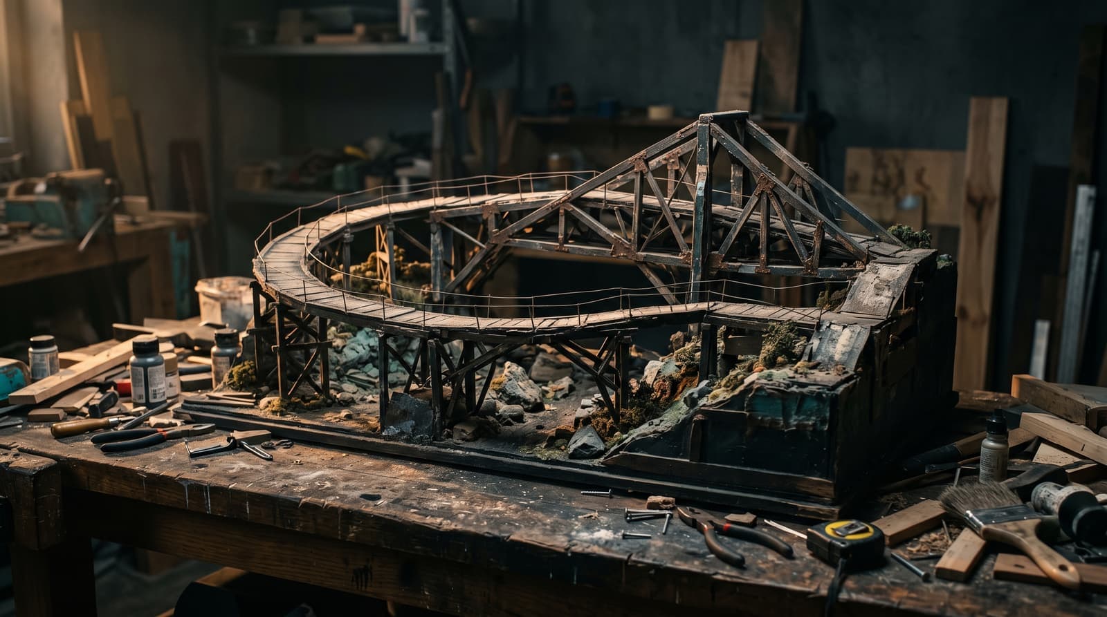 An early scale model of a bridge on a workbench