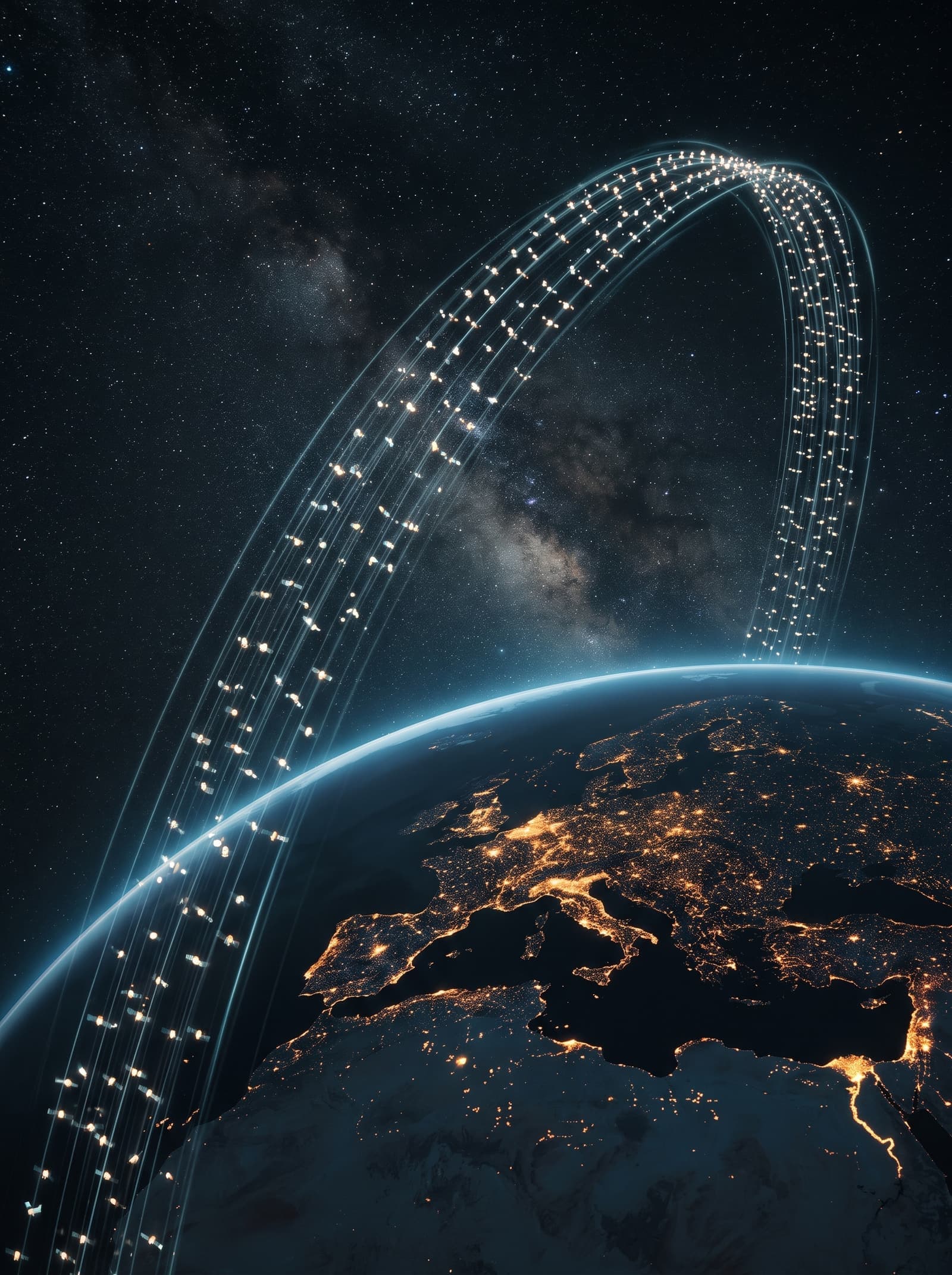 A constellation of satellites arcing over Earth at night