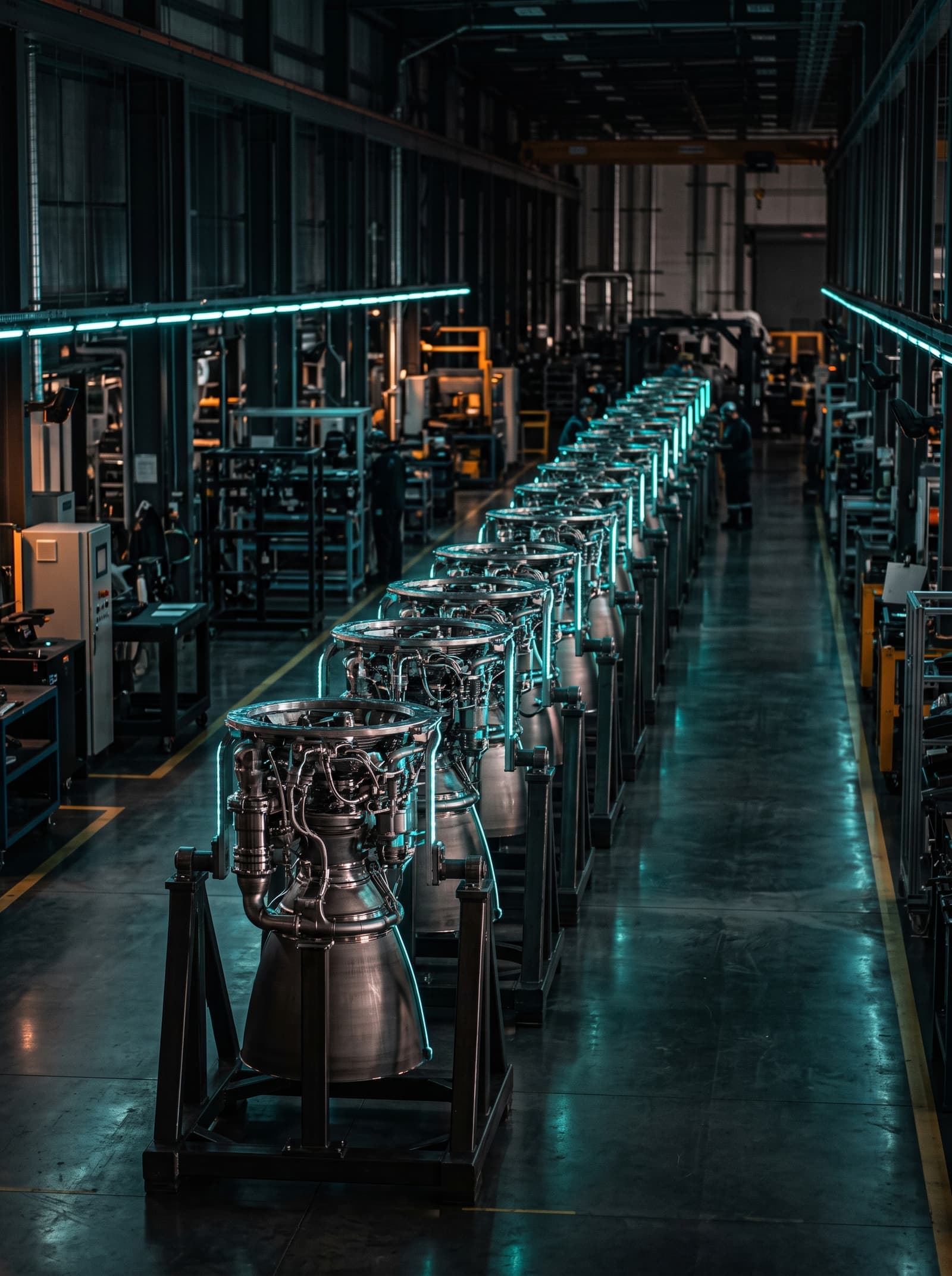 Rows of rocket engines on a factory floor