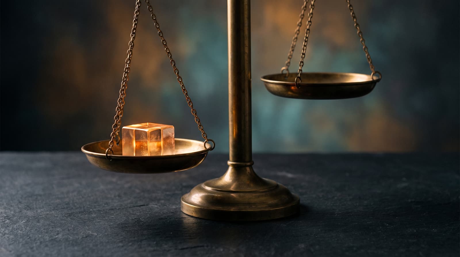 A balance scale weighing a glowing cube — the act of measuring worth