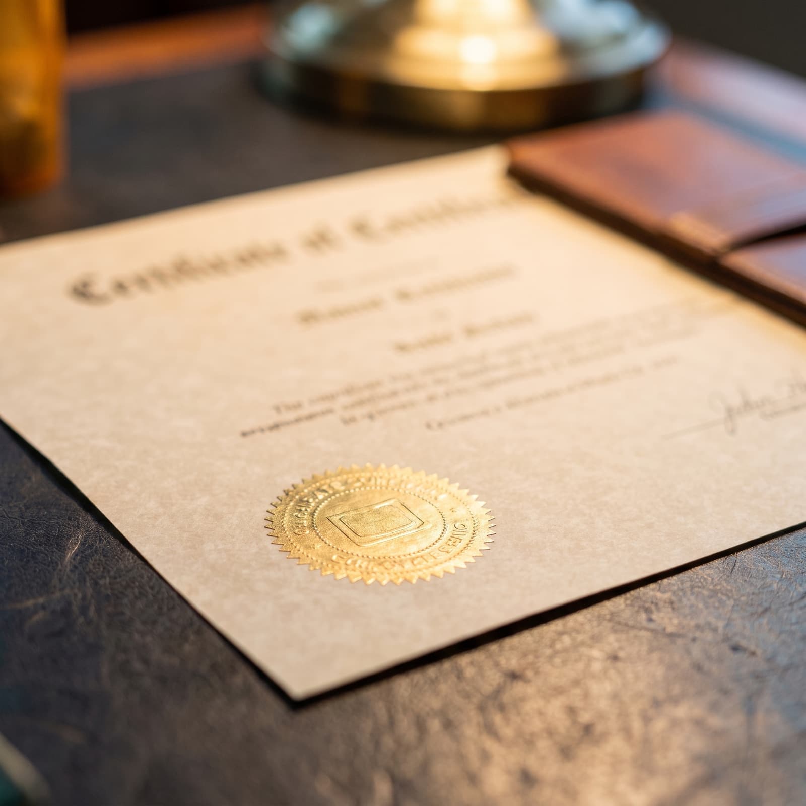 An official certificate and embossed corporate seal on a desk