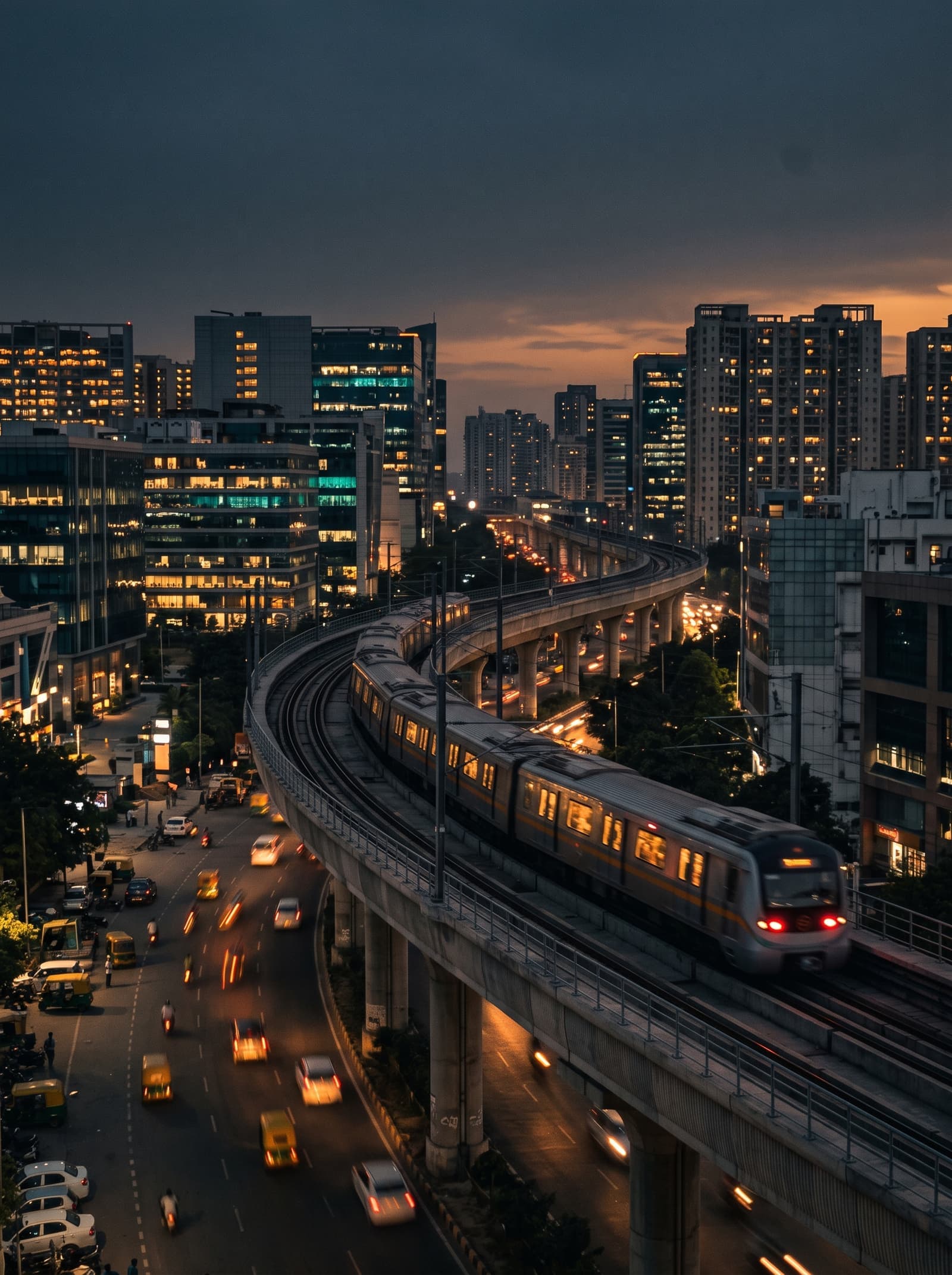 An elevated metro curving through a modern Indian cityscape